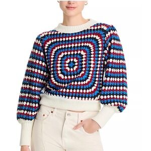 FARM Rio Crocheted Balloon Sleeve Sweater Granny Square Large NEW (H)